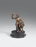 Northern Italy circa 1600, A North Italian bronze figure of two fauns, circa 1600, Cast in the round, chased and patinated. The female figure with goat's legs and horns holds an object in her raised right hand, possibly a drinking horn, and embraces a smaller standing faun with her left. One of the her horns and the object in his hand lacking. Mounted on a wooden plinth