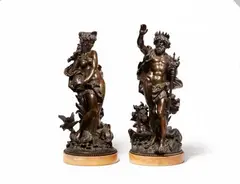 Auguste Louis Mathurin Moreau, Two cast bronze figures of Poseidon and Amphitrite, Cast in the round with greenish brown patina on a yellow marble pedestals. Engraved to verso "aug Moreau". H 47 and