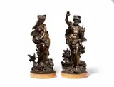 Auguste Louis Mathurin Moreau, Two cast bronze figures of Poseidon and Amphitrite, Cast in the round with greenish brown patina on a yellow marble pedestals. Engraved to verso "aug Moreau". H 47 and