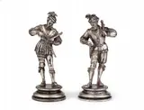 Emile Guillemin, Two bronze figures of soldiers, Silver plated bronze figures on round pedestals. Losses to the croosbow upon one soldier's shoulder. Signed to the plinth "E'le. Guillemin". H 23 and