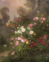 Gottfried Wilhelm Voelcker, Floral Painting, The Rose Garden, Oil on canvas Signed and dated centre left: G. W. VOELCKER. Berlin 1842 H 101 x W
