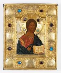 Russischer Meister Moskau, 18. Jh., Ikone mit der Darstellung des Christus Pantokrator, Tempera auf Holz, getriebenes und vergoldetes Silberoklad, Farbsteine, rückseitig mit rotem Samt bezogen