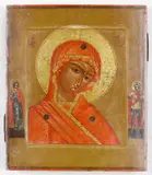 Russia, um 1800, Ikone mit der Darstellung der Gottesmutter im Widerschein der Flammen, Tempera auf Holz
