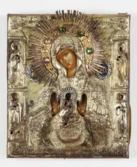 Russia, wohl 19. Jahrhundert, Ikone mit der Gottesmutter des Zeichens, Tempera auf Holz, getriebenes und vergoldetes Silberoklad, farbige Glassteine, rückseitig mit hellbraunem Samtbezug