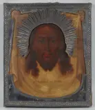 Ikone mit dem Mandylion, dem nicht von Menschenhand gemalten Antlitz Christi by Russia 19. Jahrhundert, Tempera auf Holz, Silberriza, rückseitig mit grünem Samt bezogen, sold Sep 2018