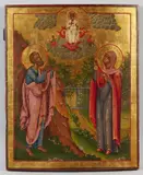 Russia 19. Jh., Ikone mit Gottvater und zwei Heiligen, Tempera und Goldgrund auf Holz
