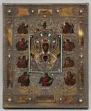 Ikone der Gottesmutter des Zeichens von Kursk by Russia 19. Jahrhundert, Tempera auf Holz, getriebenes und vergoldetes Silberoklad, Farbsteine, Perlen, sold Sep 2018