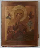 Staurothekikone mit der Gottesmutter von Achtyrka by Russia 19. Jahrhundert, Tempera auf Holz, Metallkreuz, sold Sep 2018