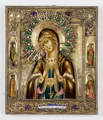 Russia 19. Jahrhundert, Ikone mit der Gottesmutter der sieben Schmerzen, Tempera auf Holz, Goldgrund, getriebenes und vergoldetes Silberoklad, Glassteine, Email