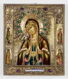 Ikone mit der Gottesmutter der sieben Schmerzen by Russia 19. Jahrhundert, Tempera auf Holz, Goldgrund, getriebenes und vergoldetes Silberoklad, Glassteine, Email, sold Sep 2018