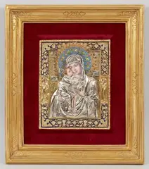 Modest Morato, Gnadenbild Madonna mit Kind, Bronze, vergoldet, Email, fest in Rahmen montiert