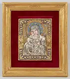 Modest Morato, Gnadenbild Madonna mit Kind, Bronze, vergoldet, Email, fest in Rahmen montiert
