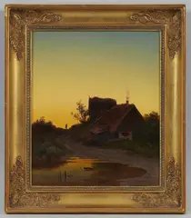 Anton Zwengauer, Sunset Scene with a Hut, Oil on canvas