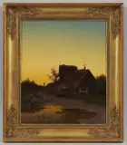 Anton Zwengauer, Sunset Scene with a Hut, Oil on canvas