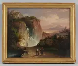 Vinzenz Kreuzer, Berglandschaft mit Flussbrücke, Oil on cardboard