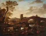 Landscape with Shepherds and Travellers by a Bridge by follower of Nicolaes Berchem, Oil on panel (parquetted), offered Sep 2018