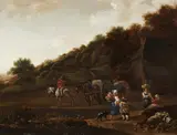 Job Berckheyde, Landscape with Travellers by a Cottage, Oil on panel