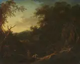Christian Hilfgott Brand, Landscape with a Cottage, Lake, and Figures, Oil on canvas (relined)