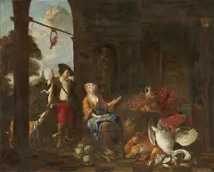 Bernaert de Bridt, Two Genre Scenes Hunter and Maid by a Palace Young Couple and an Old Woman by a Cottage, Oil on canvas (relined). Each