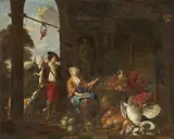 Bernaert de Bridt, Two Genre Scenes Hunter and Maid by a Palace Young Couple and an Old Woman by a Cottage, Oil on canvas (relined). Each