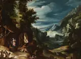 Flemish School 17th century, Mountain Landscape with the Temptation of Saint Anthony, Oil on canvas (relined)