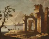 Southern Coastal Landscape with Ruins and Figures by Probably french school 18th century, Oil on canvas (relined), offered Sep 2018