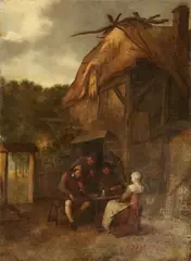 Egbert van Heemskerck the Elder, A Woman and Three Peasants Outside a House, Oil on canvas (relined)