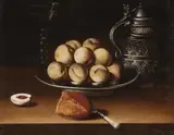 Hispano-Flemish School 17th century, Still Life with a Bowl of Peaches, Bread, and a Pitcher, Oil on canvas (relined)