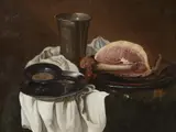 Dutch School 18th century, Still Life with Ham on a Silver Platter and a White Tablecloth, Oil on canvas (relined)