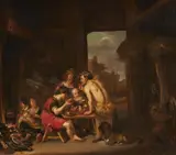 Dutch School 18th century, A Satyr and a Peasant Family in an Interior, Oil on canvas (relined)