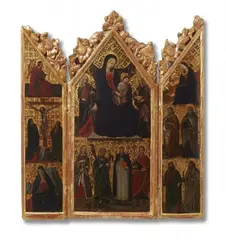 Italian School early 15th century, Hinged Altarpiece with the Madonna Enthroned, Oil on panel. Central panel