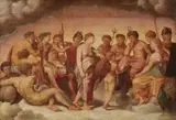 Italian School 16th century, Assembly of the Gods, Oil on panel (parquetted)