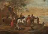 Jan Baptist Monteyne, Travellers by a Tavern, Oil on panel