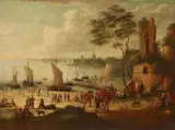 Netherlandish School late 17th century, Figures by an Italian Harbour, Oil on canvas