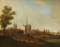 Netherlandish School circa 1700, View of a City with a Mill by a River, Oil on canvas (relined)