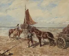 Gregor von Bochmann, Beach Scene with a Sailing Boat, Rider, and Carriage, Oil on canvas