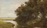 Hippolyte Camille Delpy, River Landscape with a City, Oil on panel