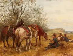 Ludwig Gedlek, Hussars at Rest, Oil on panel