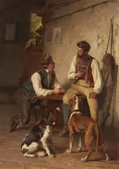 Théodore Gérard, Two Men with Dogs in an Interior, Oil on canvas