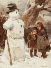 Friedrich Peter Hiddeman, Children with a Snowman, Oil on card
