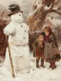 Friedrich Peter Hiddeman, Children with a Snowman, Oil on card