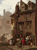 Charles Hoguet, Market Day in a Medieval Town, Oil on panel