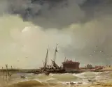 Charles Hoguet, Fisher Boats Landing on a Beach, Oil on canvas