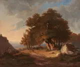 Joseph Hülser, Romantic Mountain Landscape with a Large Oak Tree, Oil on canvas