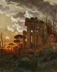 Ferdinand Knab, Evening Landscape with Ancient Temple Ruins, Oil on canvas