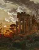Ferdinand Knab, Evening Landscape with Ancient Temple Ruins, Oil on canvas