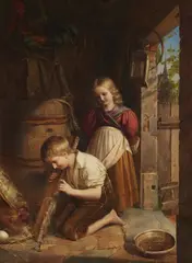 Hermann Kretzschmer, Children with a Hen's Nest, Oil on canvas (relined)
