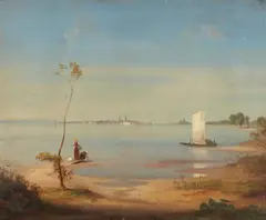 August Löffler, Landscape at Lake Chiemsee, Oil on card