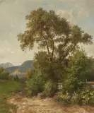 Christian Mali, Landscape near Brannenburg am Inn with the Wendelstein in the Background, Oil on paper, mounted on cardboard