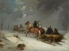 Josef Mathauser, Winter Landscape with two Horse-Drawn Sleds, Oil on canvas